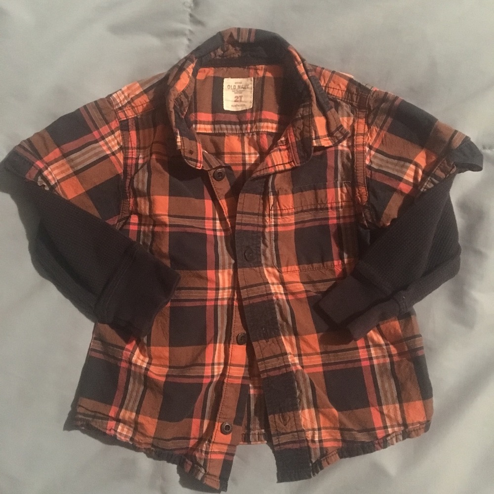 Old Navy Blue and Orange Plaid Shirt - Boys 2T